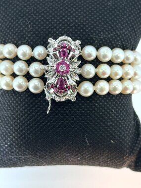 Cultured pearl ruby and diamond bracelet